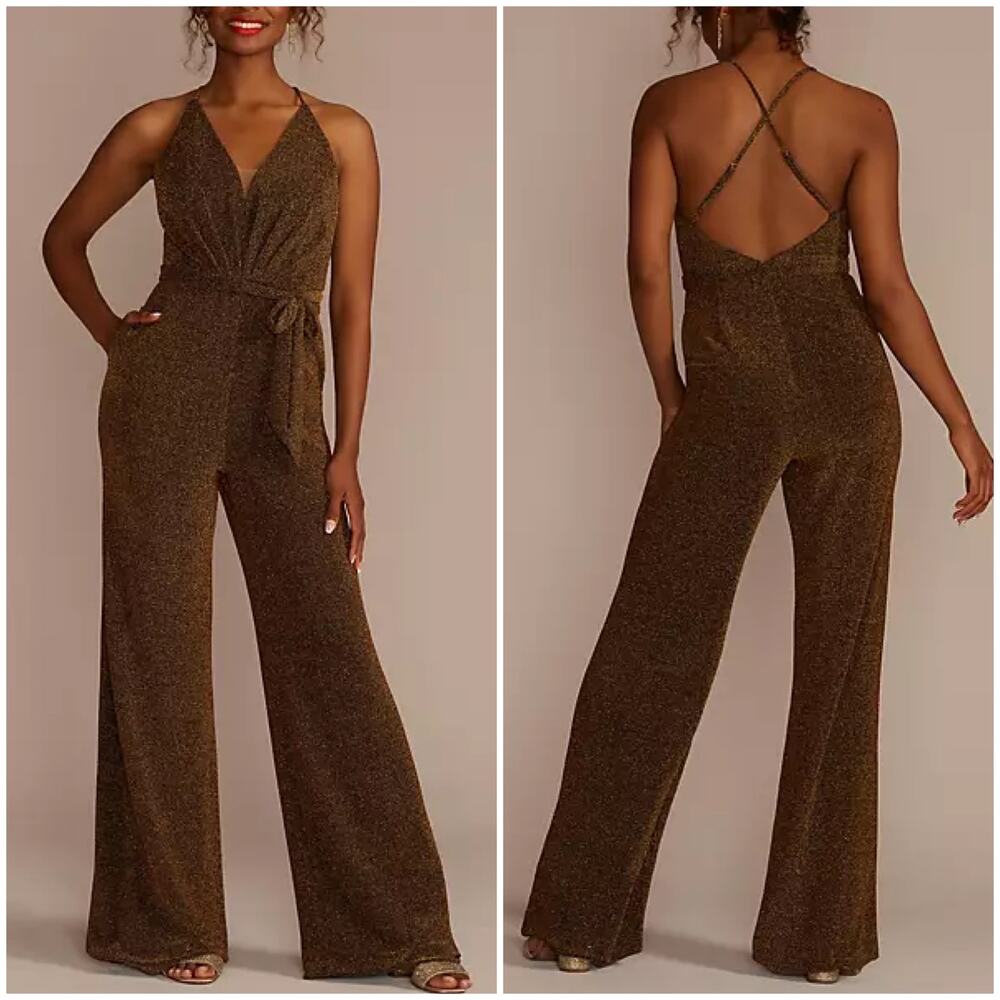 David's Bridal Metallic Tie-Waist Jumpsuit with Crisscross Back Copper Size 8